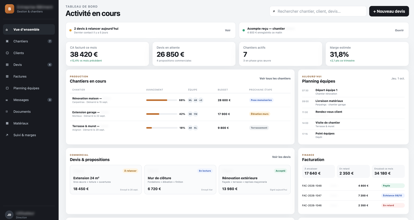 Aperçu du CRM métier pour entreprise du bâtiment
